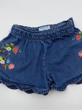 Mayoral Girls Embroidered Chambray Shorts Size 3 Floral Bee Scalloped Hem